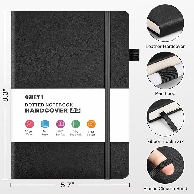 Bullet Dotted Journal Notebook 4 Pack: 160 Pages Per Pack, A5 Medium Size( 5.75" × 8.38"), 120 GSM Thick Paper, Leather Dotted Notebook, Hardcover Dot Grid Notebook, Dot Journal for Wrting (Black)