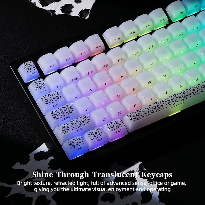 Womier Keyboard Keycaps Jelly, White Ceramic Keycaps Style, Transparent Leopard Print Key Cap Shine Through Custom 60 65 75 100 Percent for Cherry MX,Gateron Mechanical Keyboards,MDA Profile
