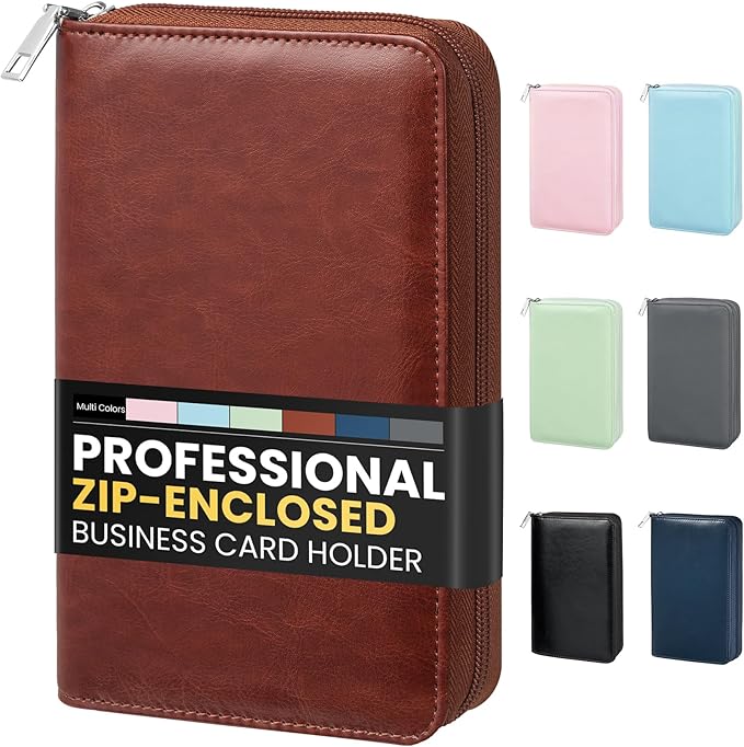 Sooez Zip-Enclosed Business Card Holder Organizer, Professional Credit Card Case Book for Women Men, 240 Capacity, Premium Vegan Leather Gift Card Organizer Storage, 7.87"×4.92"×1.57", Brown