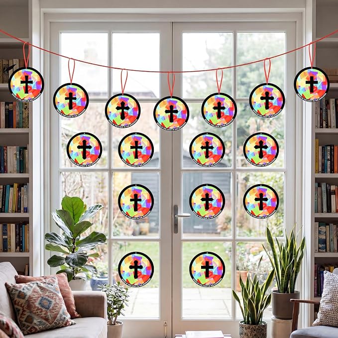 48PCS Sunday School VBS Crafts Bulk: Paper Cross Nativity Suncatchers, Jesus Religious Christian Activity DIY Kits Church Decorations, Window Stained Glass Effect Art Supplies(Round Shape)