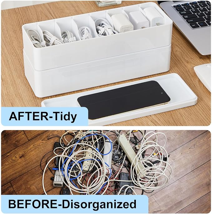 Tatuo 2 Pcs Cord Organizer for Drawer Desktop, Cable Organizer Box with 8 Compartments and Wire Ties, Plastic Charger Storage with Lid, Electronics Case for Home Office Accessories (Small,White)