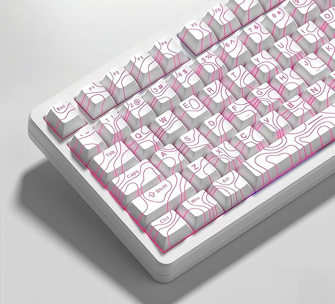 dagaladoo Double Shot PBT keycaps 119 Keys Set White Topographic Shine Through Custom keycaps Cherry Profile Custom Keyboard Key caps for 60/65/75/TKL/96/100% US Layout Mechanical Keyboard