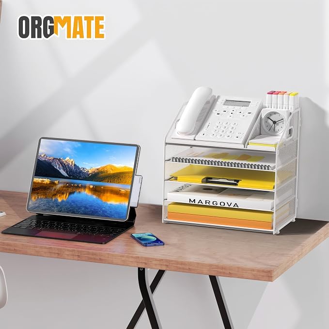 Letter Tray Paper, 5 Tier Desk Organizer with Pen Holder and Handle, Mesh File Organizer Paper Sorter Metal Desktop Document Shelf for Office Home Classroom - White