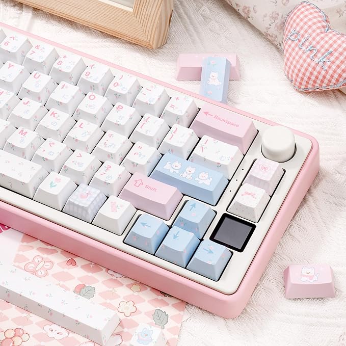 PBT Japanese Keycaps, Pink White Keycap, Floral Prints Custom Keycap Set 145 Full Keys, Cute Keycaps, Cherry Profile Keyboard Key Cap for Cherry Gateron MX Switches Mechanical Keyboard