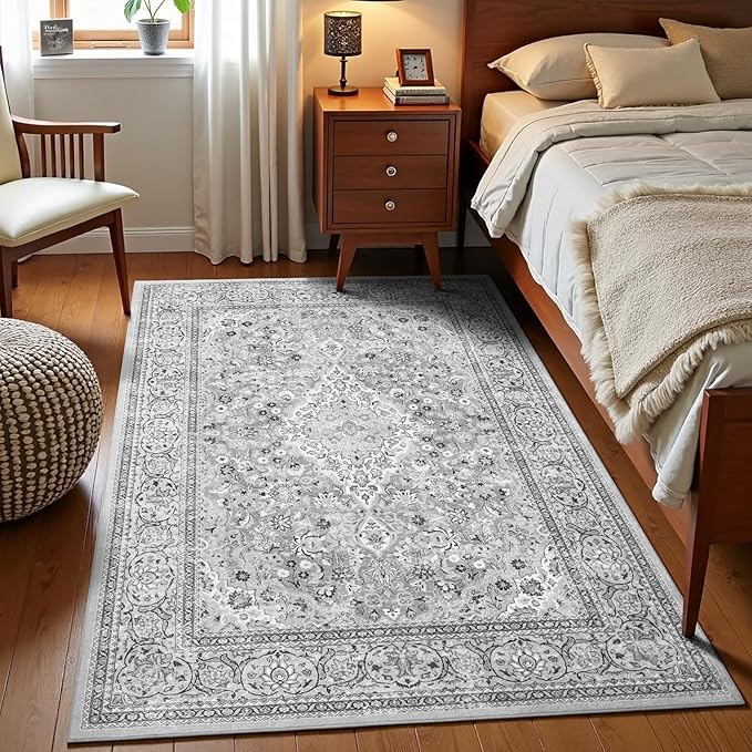 4x6 Grey Washable Boho Area Rug for Bedroom, Vintage Floral Non Slip Living Room Rugs, Soft Low Pile Indoor Mat, Aesthetic Pattern Carpet for Kitchen, Dining Room and Bedside