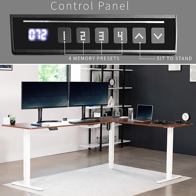 VIVO Corner Standing Desk, 84 x 63 inch Reversible L-Shaped Workstation, Electric Height Adjustment, Home, Office, and Reception Rooms, Dark Walnut Table Top White Frame, DESK-E3CTWD-84