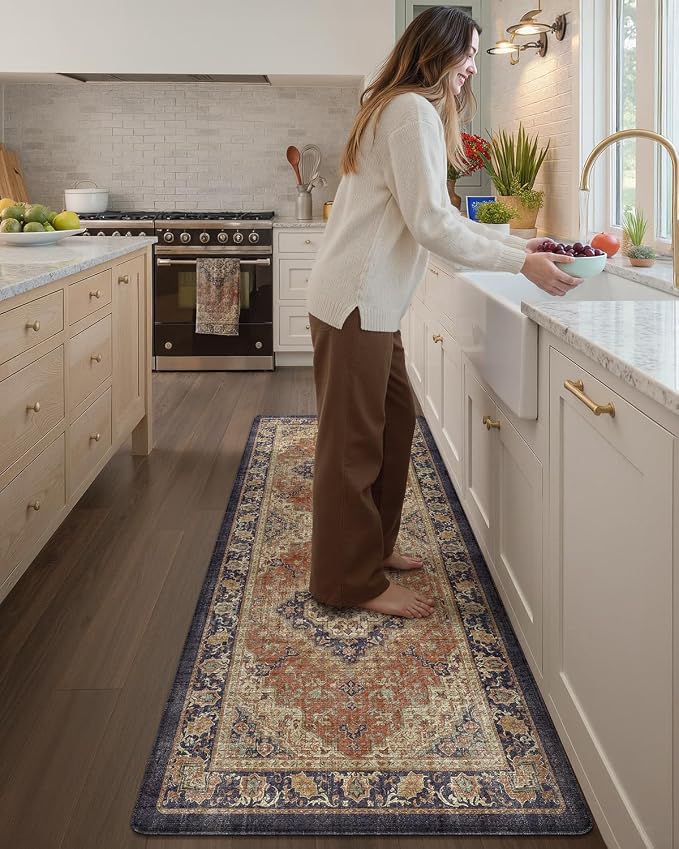 Color&Geometry Kitchen Mat 24x87 Faded Vintage Anti Fatigue, Warm Coral | 0.4in Cushion Standing Mat For Cooking/Working/Laundry, Boho Decor, Non Slip PVC Kitchen Rug, Oil/Water Proof, Anti Slip