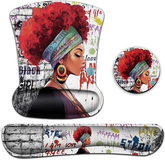 Keyboard Wrist Rest Pad and Ergonomic Mouse Pad Wrist Support Set African Woman Graffiti Girls with Red Hair for Gaming, Office, Comfortable and Pain Relief with Coaster Set