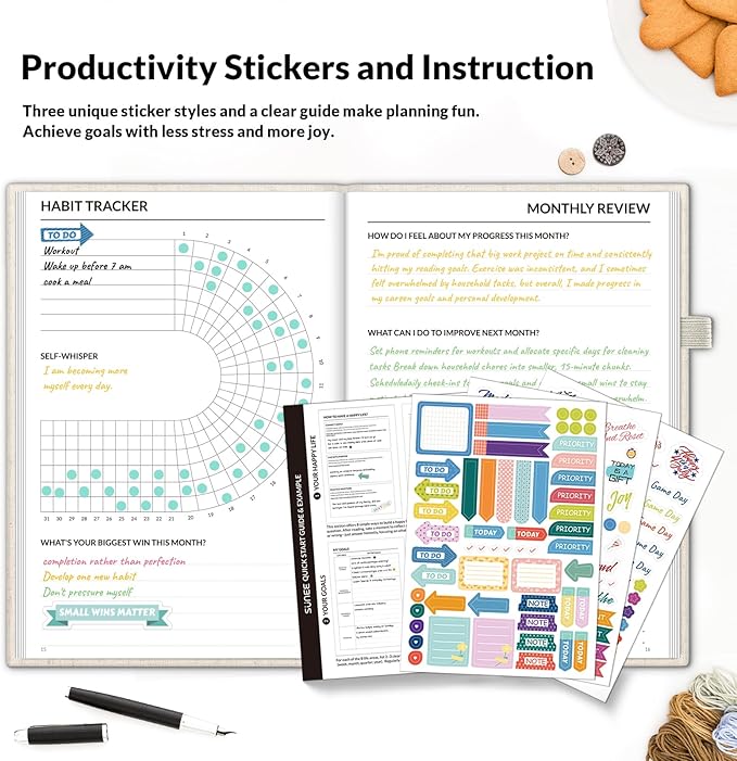 SUNEE Adhd Daily Planner for Adults,3-Month Undated Daily Weekly Monthly Planner for Productivity, Goal Setting, Time Management, Work & Life - for Men & Women,Vision Board + Stickers,Beige