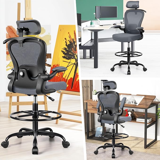 AtHope Drafting Chair, Tall Office Chair with 3D Lumbar & Head Support | Ergonomic Mesh Standing Desk Chair with Footrest Ring, Comfy Extended High Desk Chair with Flip-Up Arms & Hanger, Dark Gray