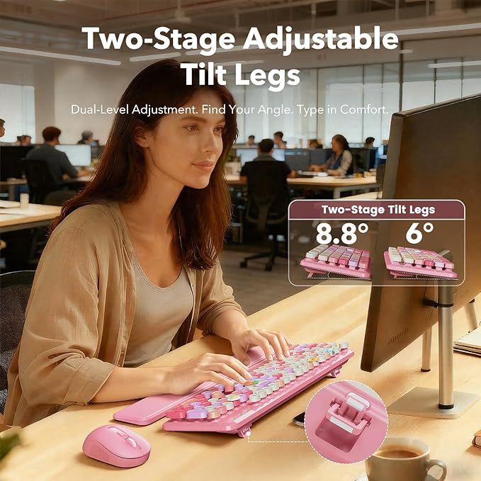 Wireless Keyboard and Mouse Combo, Cute Retro Typewriter Keyboard with Round Keycaps, Full-Size Aesthetic Keyboard with Magnetic Wrist Rest, 2.4GHz USB for Windows/Mac Desktop Laptop(Pink Multi-Color)