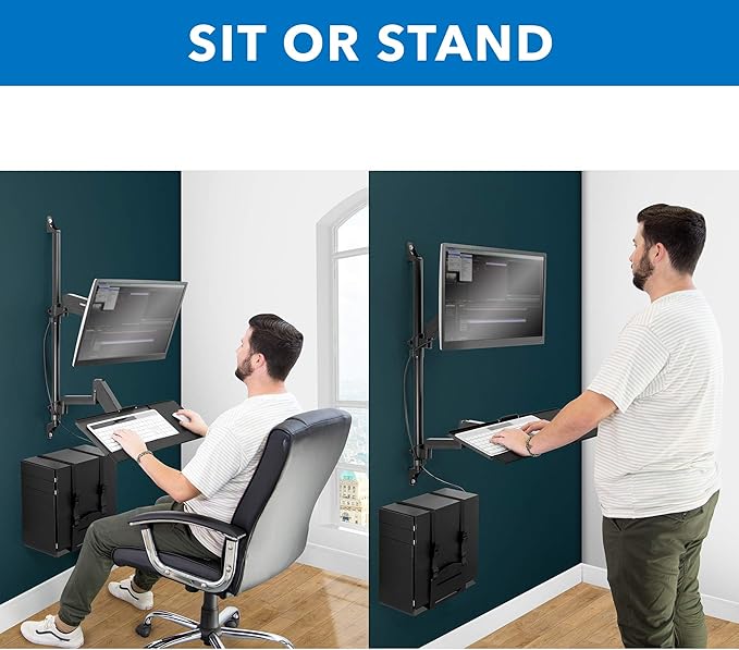 Mount-It! Single Monitor Arm Wall Mount Workstation with Keyboard Tray & CPU Holder, Height Adjustable Gas Spring Full Motion Computer Station, Fits 17–32” VESA 75x75 100x100, Black