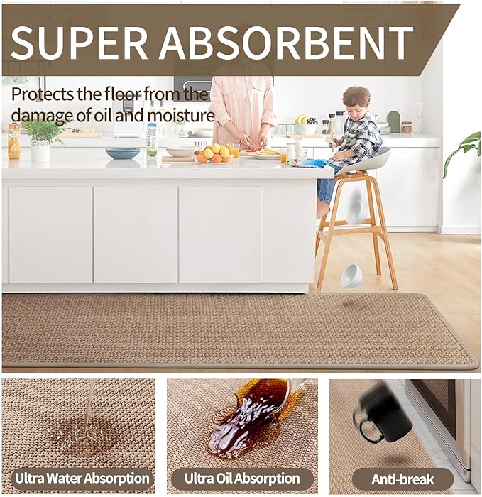 YDKGL Kitchen Mats for Floor, Super Absorbent Kitchen Rugs Non Slip Washable, Soft Imitation Linen Braided Kitchen Runner Rug, Standing Mat Kitchens Sink Mat, Easy to Clean, Brown 17x95