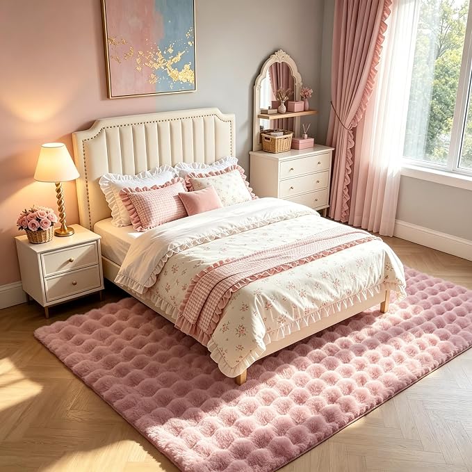 Dusty Rose Rabbit Plush Rug 5'x7', Fluffy Shaggy Area Rug for Nursery & Kids Room, Faux Fur Carpet for Girls Bedroom, Living Room, Teen Decor