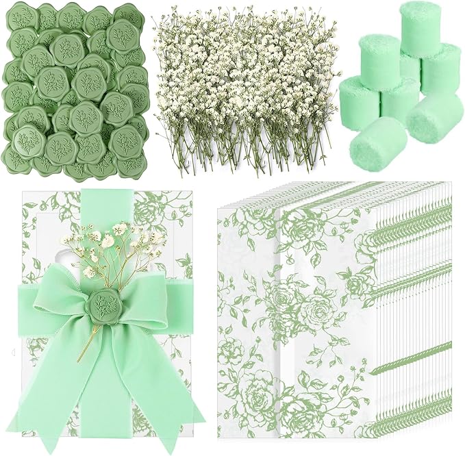 Wedding Invitation Accessories Kit, Pre-Folded Vellum Jackets for 5×7 Invitations with Wax Seal Stickers, Ribbon & Dried Flowers, Elegant Wedding Invitation Accessories for DIY Bridal Invites (Green-Rose, 50)