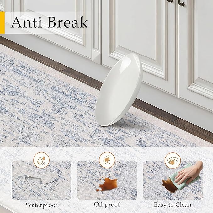 Kitchen Mats 2PCS Anti Fatigue Cushioned Mat Light Blue Vintage Kitchen Mats for Floor Waterproof Non Slip Comfort Standing Retro Floral Rug for Sink Laundry Office 17.3"x59"+17.3"x30"