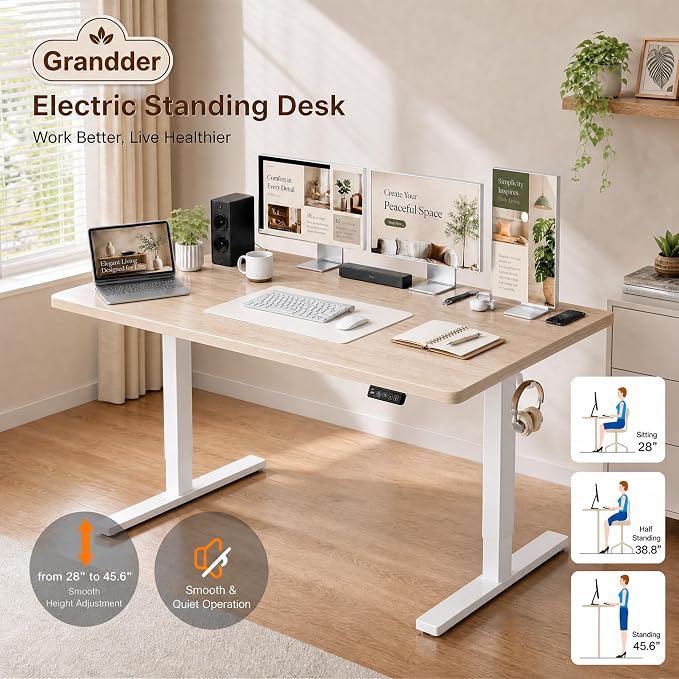 Grandder 63x32 Large Electric Standing Desk, Height Adjustable Computer Desk with 2 Memory Presets, 31.5" Deep Desktop Sit Stand Desk Home Office Desk Workstation Table with Hooks, Light Walnut