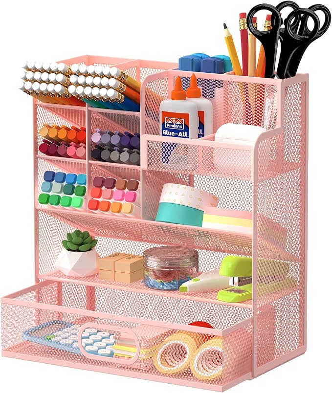 Mesh Pen Organizer for Desk, 13 Compartments with Drawer, Pink | Metal mesh pencil holder and desk organizer with tilted slots for easy access to stationery at home, school or office