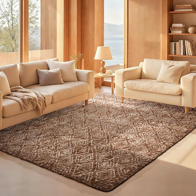 Ophanie Brown and White Diamond Striped Rugs for Living Room 5x7,Fluffy Shag Large Fuzzy Plush Soft Carpets,Shaggy Rugs for Bedroom,Carpet for Kids Boys Girls Dorm Decor with Over 99 pcs Pile fibers