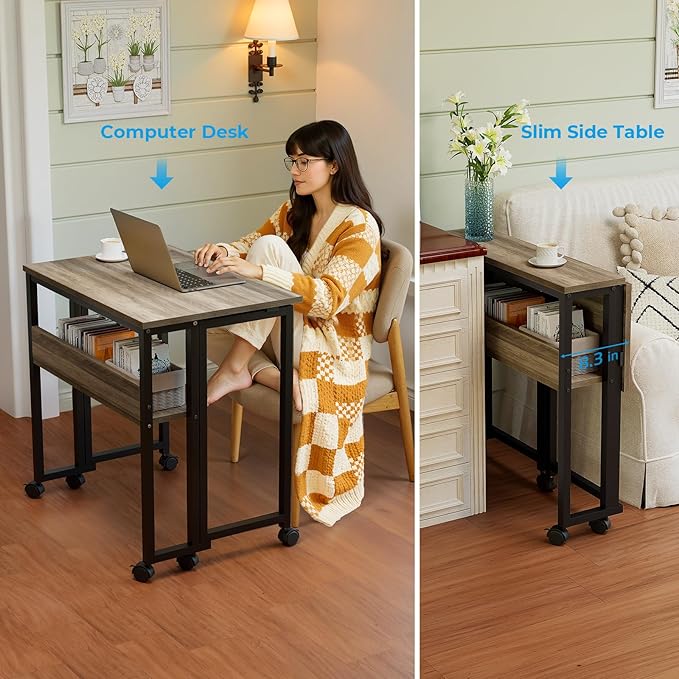 GreenForest Folding Desk Small Rolling Desk with Storage Shelf,24.8 inch Foldable Computer Desk with Wheels for Small Space,Easy Assembly,Grey Wash