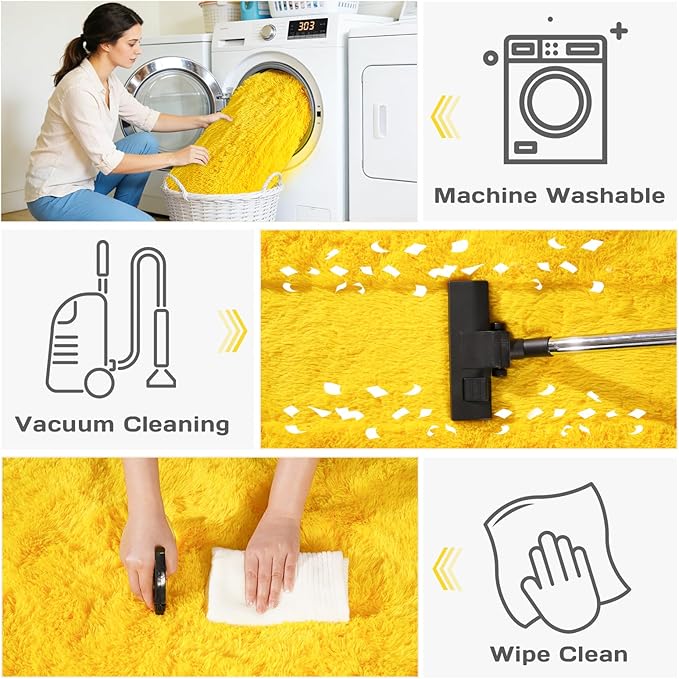 Area Rugs for Living Room Bedroom 9x12, Ultra Fluffy Shag Rug Modern Washable Carpet Soft Shaggy Non Slip Indoor Plush Fuzzy Rugs for Bedroom Dorm Office Home Aesthetic Decor, Yellow