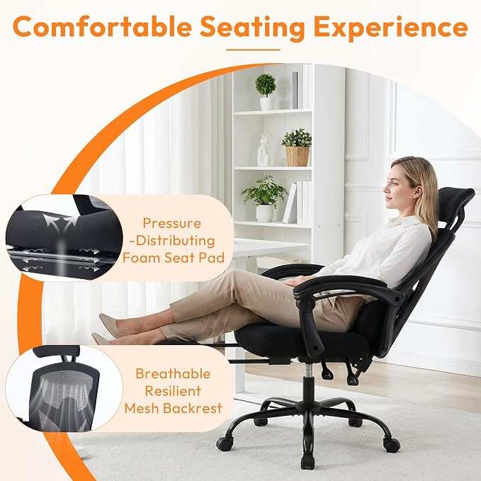 Desk Chair with Foot Rest, High-Back Mesh Office Chair with Wheels, Black | Reclining Gaming Chair with Headrest and Adjustable Lumbar Support, 90°-130° Reclining, for Home Office and Gaming