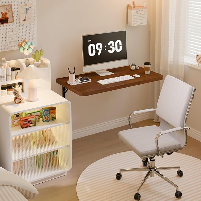Dogsky Floating Wall Desk, 24" x 14" Wall Mounted Folding Table, Pine Wood Fold Down Wall Table, 100 lb Capacity Wall Mount Desk for Small Apartment, Laundry Room,Kitchen,Bar & Computer, Walnut