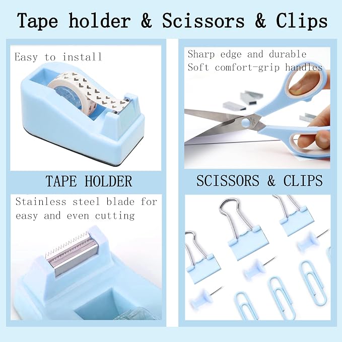 Dimonluce Blue Desk Accessories, Blue Office Supplies Accessories with Tape Dispenser, Stapler, Staple Remover, 1000 Staples, Tape, Clips Set, Ruler, Scissor, Pen