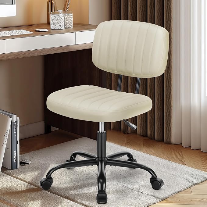 DUMOS Small Office Desk Chair, Armless Vanity Chair with Lumbar Support | PU Leather, 360° Rolling Task, Height Adjustable, Home Bedroom, Adult, Student, Beige White