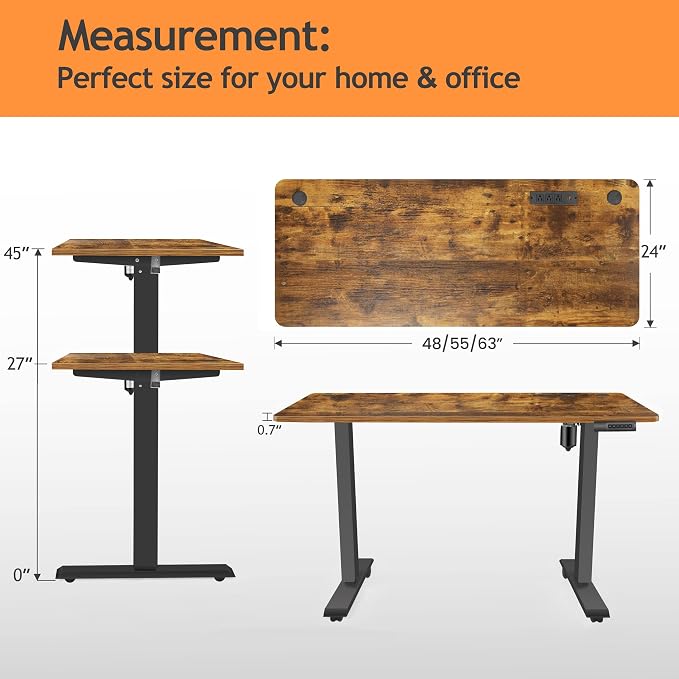 Electric Adjustable Height Standing Desk, 48×24 Inches Sit Stand Desk with Power Socket, 2 USB Ports, 3 Power Outlets, 4 Wheels,4 Memory Buttons Home Office Computer Workstations (Brown)