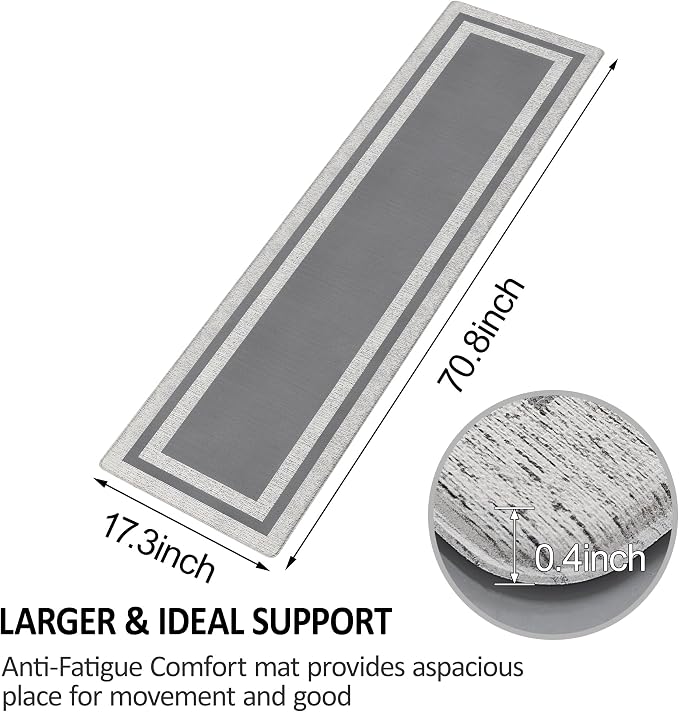 Kitchen Floor Mats Cushioned Anti Fatigue Kitchen Mat Farmhouse Kitchen Runner Rugs Non Slip Waterproof Ergonomic Comfort Standing Mat for Kitchen, Home, Office, Sink, Laundry 17.3"x70.8" Grey