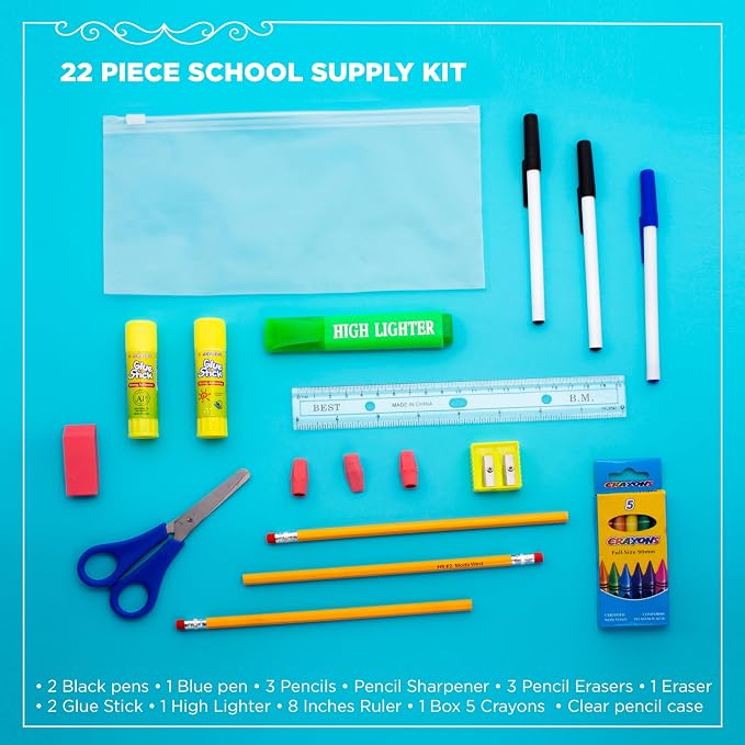 22 Piece Bulk School Supplies Kit for K-12 - Essential Box of School Supplies for Elementary, Middle, and High School Students - Pens, Pencils, Crayons