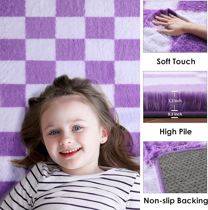 KICMOR Purple Rugs for Bedroom Living Room, Fluffy Soft Checkered 4x6 Area Rug Fuzzy Shag Shaggy Carpet, Indoor Plush Bedside Floor Rugs for Kids Girls Boys Teen Dorm Nursery Home Decor Aesthetic