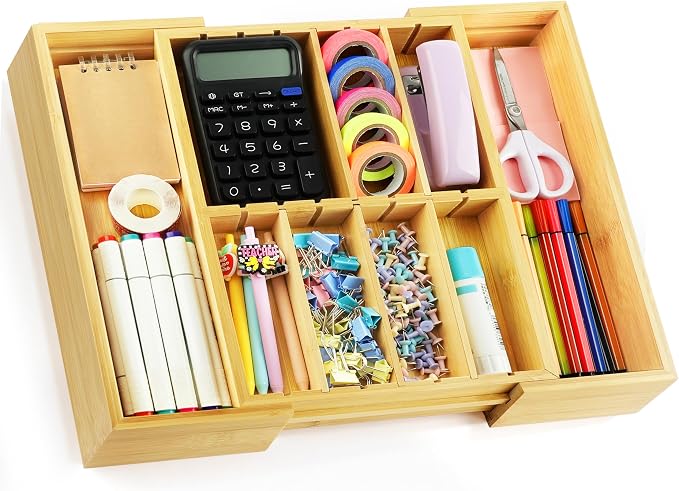 TREWAVE Bamboo Desk Drawer Organizer, Expandable Drawer Organizer Tray | 12.6" - 15.6" Wide, with Adjustable Dividers, Wooden Storage Organizers for Office Supplies, Crafts, Makeup & Kitchen Cutlery