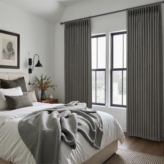 Pinch Pleated Blackout Curtains 90 Inches Long for Bedroom 2 Panel Set, Memory Trained Dark Grey Two Layer Thick Linen Sound Dampening Thermal Rustic Windows Curtain for Living Room Darkening Drapes