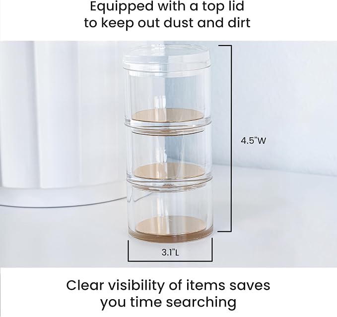 3-Tier Stackable Acrylic Holder, Clear with Rose Gold Base | Stylish desk organizer and storage for office or home, Transparent round design, Functional and elegant desk accessories