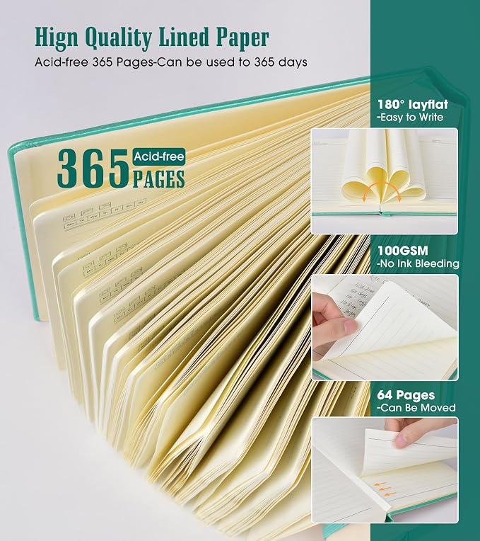 Lined Journal Notebook -365 Pages A5 Thick Journals for Writing Hardcover Leather Journal for Women Men, Daily Journal Notebook for Work, Note Taking, 100Gsm Lined Paper Teal 5.75" x 8.38"
