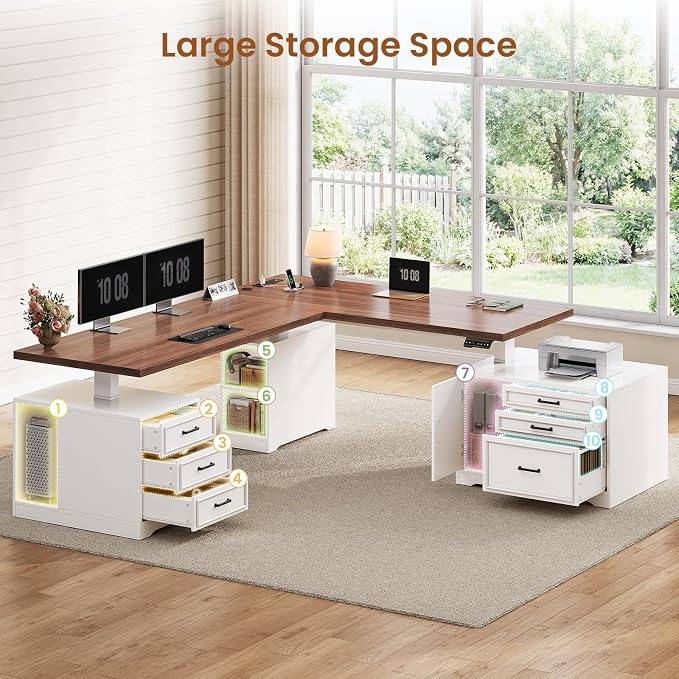 SEDETA Farmhouse L Shaped Electric Standing Desk with File Cabinet, 77 x 55'' Height Adjustable Home Office Computer Desk with 6 Drawers, Power Outlet, Sit Stand Desk, White