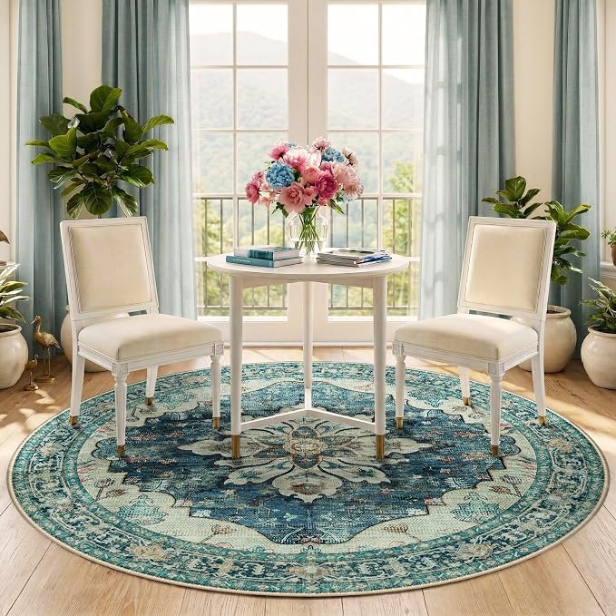 RELEANY Area Rugs Round 5ft Washable Non-Slip, Floral Vintage Distress Medallion Carpet for Living Room Bedroom Dining Room, Dark Blue Vintage