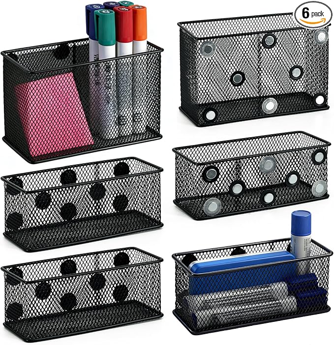 Neudeco Magnetic Locker Organizer, Wire Mesh Storage Basket, Black, 6-Pack | Strong Magnet, Pen Holder for Dry Erase Markers, For Fridge School