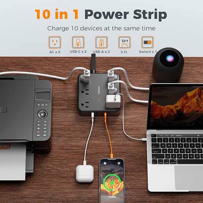 TESSAN 15Ft Black Extension Cord with Multiple Outlets, Surge Protector Power Strip with 6 Outlets and 4 USB Ports (2 USB C), 2100 Joules Protection, Flat Plug, Outlet Extender for Home, Office, Dorm