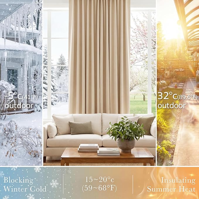 PONY DANCE Beige Blackout Curtains 96 inch Long, Room Darkening Curtains for Bedroom, Thermal Insulated Drapes for Living Room Window, Back Tab/Rod Pocket, 52 x 96 Inch,2 Panels Set,Biscotti Beige