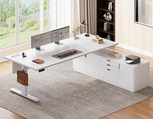 SEDETA Executive L Shaped Electric Standing Desk, 71" Height Adjustable Executive Desk with 3 Drawers and Cabinet, Sit Stand Up Home Office Desk with Power Outlets & Side Hook (White)