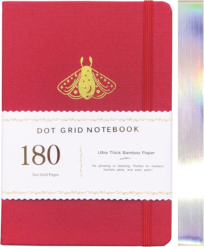 BUKE Dot Grid Notebook Dotted Journal,180Gsm Bamboo White Paper, 5 * 5MM Dots 160 Pages, Lay Flat Binding,Colored Silver Edges, Bookmarks and Expandable Back Pocket