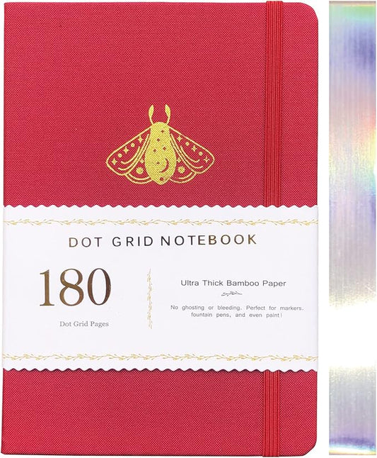 BUKE Dot Grid Notebook Dotted Journal,180Gsm Bamboo White Paper, 5 * 5MM Dots 160 Pages, Lay Flat Binding,Colored Silver Edges, Bookmarks and Expandable Back Pocket