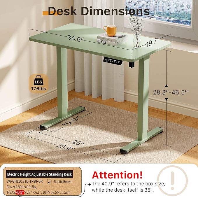 JOY worker Small Electric Standing Desk, 35" Whole Piece Height Adjustable | 35" x 20" Green Narrow Sit Stand Desk with Memory Controller, 36 Inch Mini Computer Workstation for Home Office Walking Pad