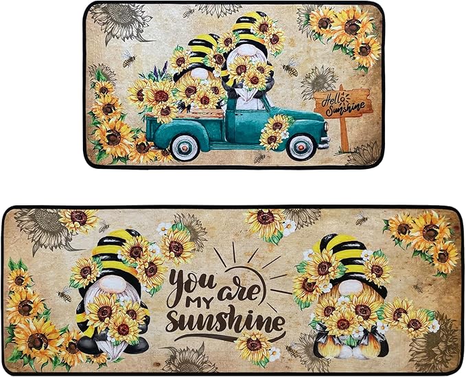Voanos Sunflower Kitchen Rugs,Non Skid Washable Microfiber mats for Kitchen Floor,Bee Truck Theme Kitchen Cushioned Runner Rug Decor Sets of 2 Pieces,17"x 47"+17"x 30"