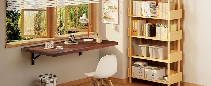 IAE Floating Wall Mounted Folding Table Desk with Pine Wood,36"x22" Folding Workbench,Fold Down wall Mounted Foldable Table with Shelf Brackets,Laundry Folding Table for Apartment,Home,Kitchen,Walnut