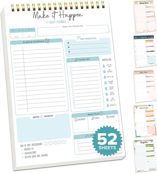 Decorably 52 Sheets Blue Undated Daily Planning Sheets - 6.5x10in Spring-Bound Planner Notepad, Easy Tear-Off, for Schedule, Priorities, Agenda, Water Intake, Meals, Notes and Doodles - Home, Office