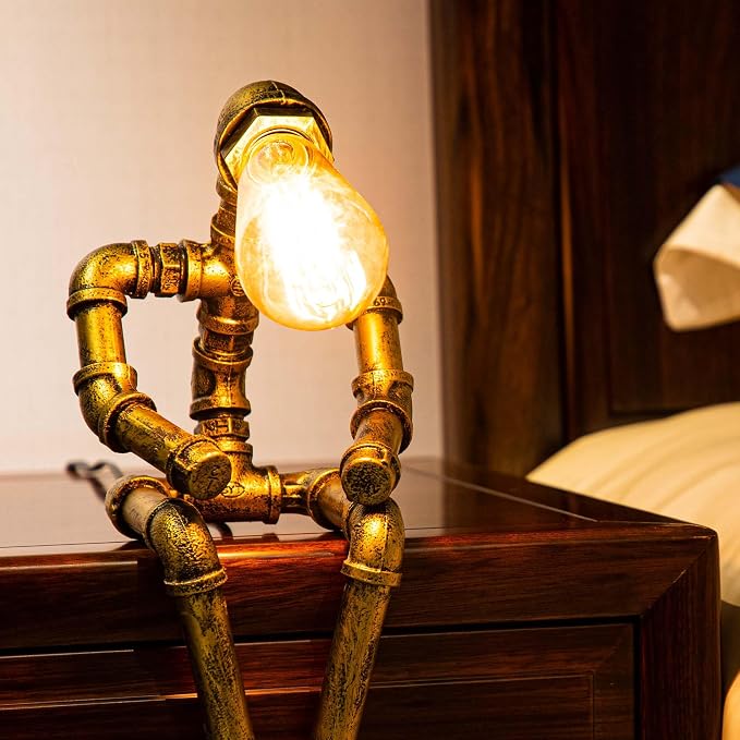 Steampunk Table Lamp, Vintage Industrial Metal Robot Table lamp, Water Pipe Table Lamp, Steam Punk Pipe Lamp Style Desktop Light for Bar Cafe Desktop Room Decoration